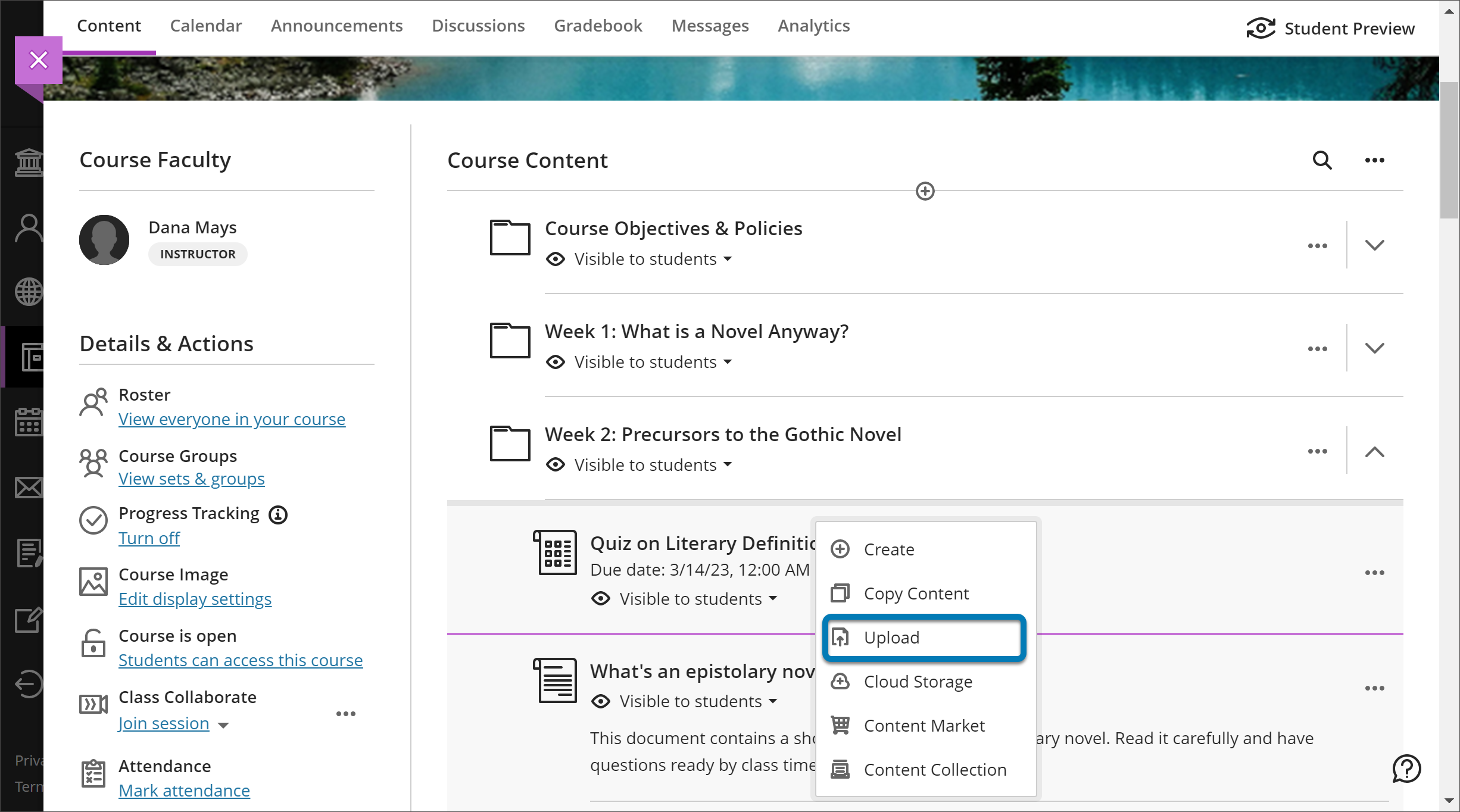 screenshot of a course showing the content menu
