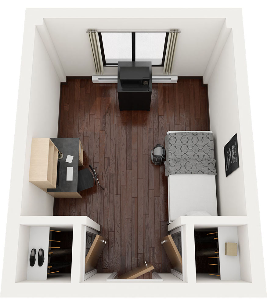 The Neptune single room includes updated furniture and flooring, featuring one bed, two closets, one desk, and one rolling chair. Additional amenities include a MicroFridge, Ethernet port, window drapes, overhead lighting, and a mirror on the back of the door. The room also offers luxury vinyl plank flooring, with air conditioning available in Neptune East only.