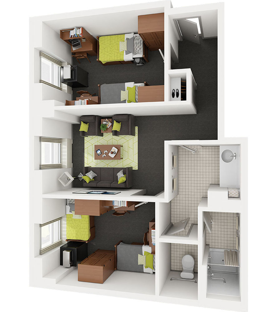The four-person Stevenson suite includes two bedrooms, each furnished for two residents with beds, wardrobes, desks, large and small dressers, rolling chairs, and movable shelves with bulletin boards, along with sliding keyboard trays, a MicroFridge, Ethernet port, window drapes, overhead lighting, and mirrors in the wardrobes. Shared spaces include a living room with a sofa, coffee table, two chairs, and a small table, as well as a bathroom featuring a shower, toilet, sink, and under-sink storage.