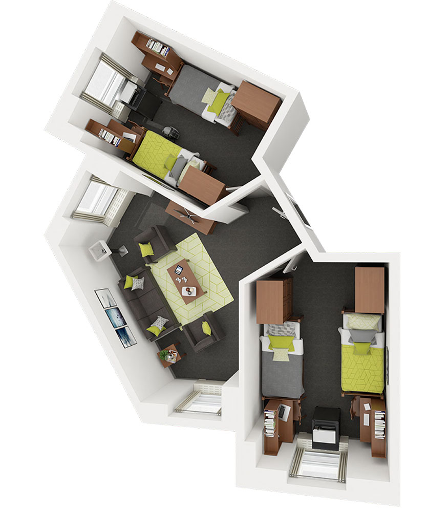 The four-bed Stevenson suite includes two bedrooms, each furnished with a bed, wardrobe, desk, large and small dresser, rolling chair, and movable shelf with a bulletin board, along with sliding keyboard trays, a MicroFridge, Ethernet port, window drapes, overhead lighting, and mirrors in the wardrobes. A shared living room provides additional furnishings, including a sofa, coffee table, two chairs, and a small table.