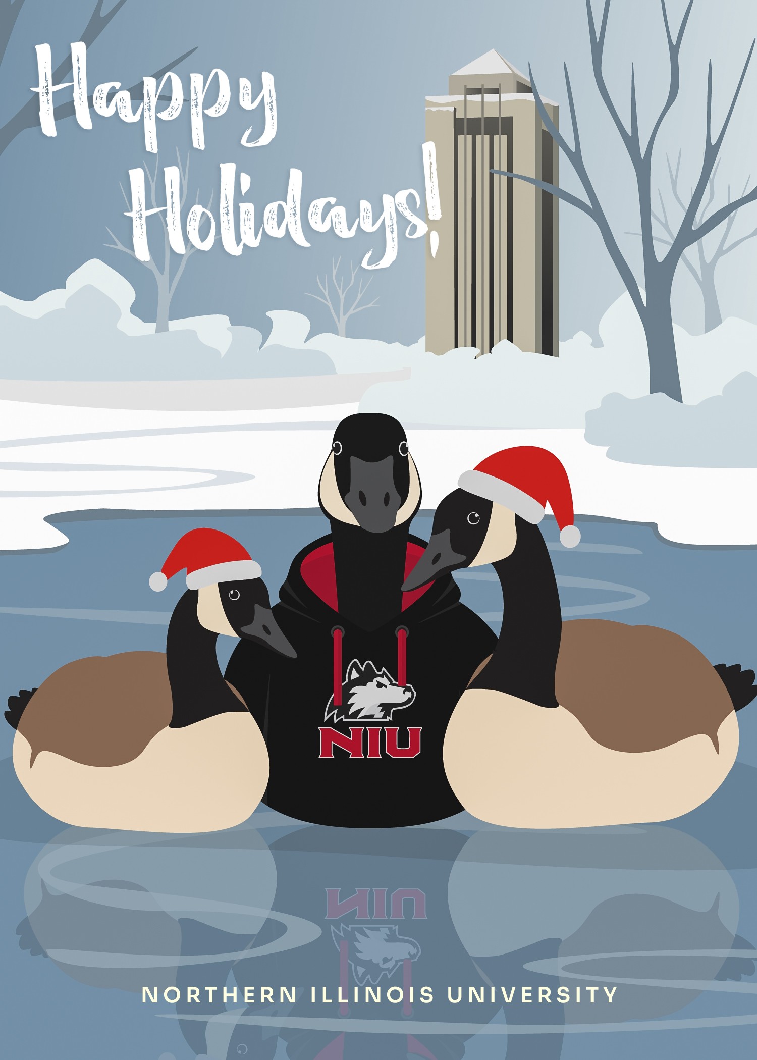 Illustration of three geese wearing Santa hats, one dressed in an NIU hoodie, floating on a winter pond with campus buildings in the background and the words “Happy Holidays” and “Northern Illinois University.”
