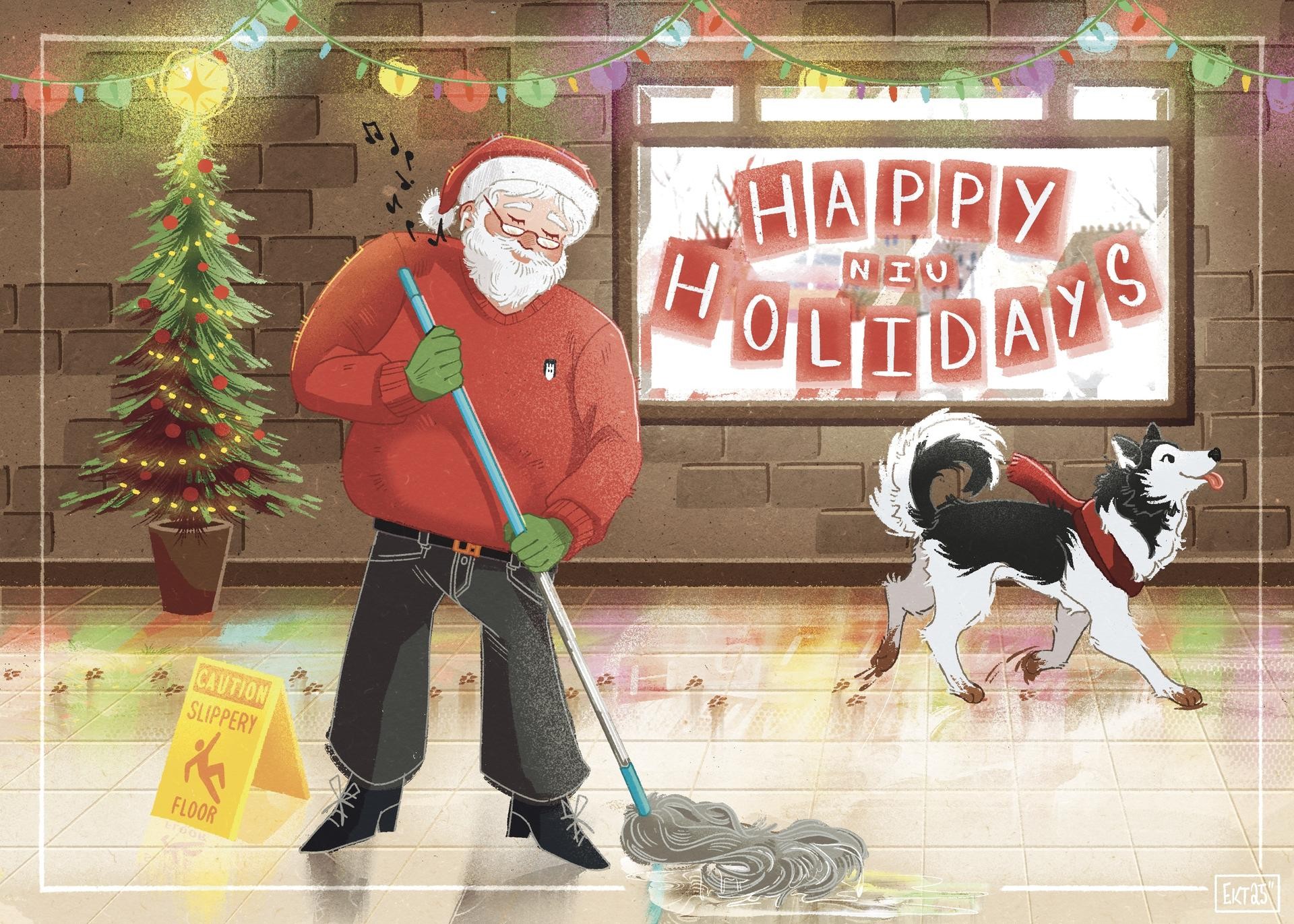 Illustration of a Santa-clad custodian mopping a shiny floor inside an NIU building decorated for the holidays, with a Christmas tree, festive lights, a “Happy NIU Holidays” window sign, and a husky wearing a scarf walking nearby