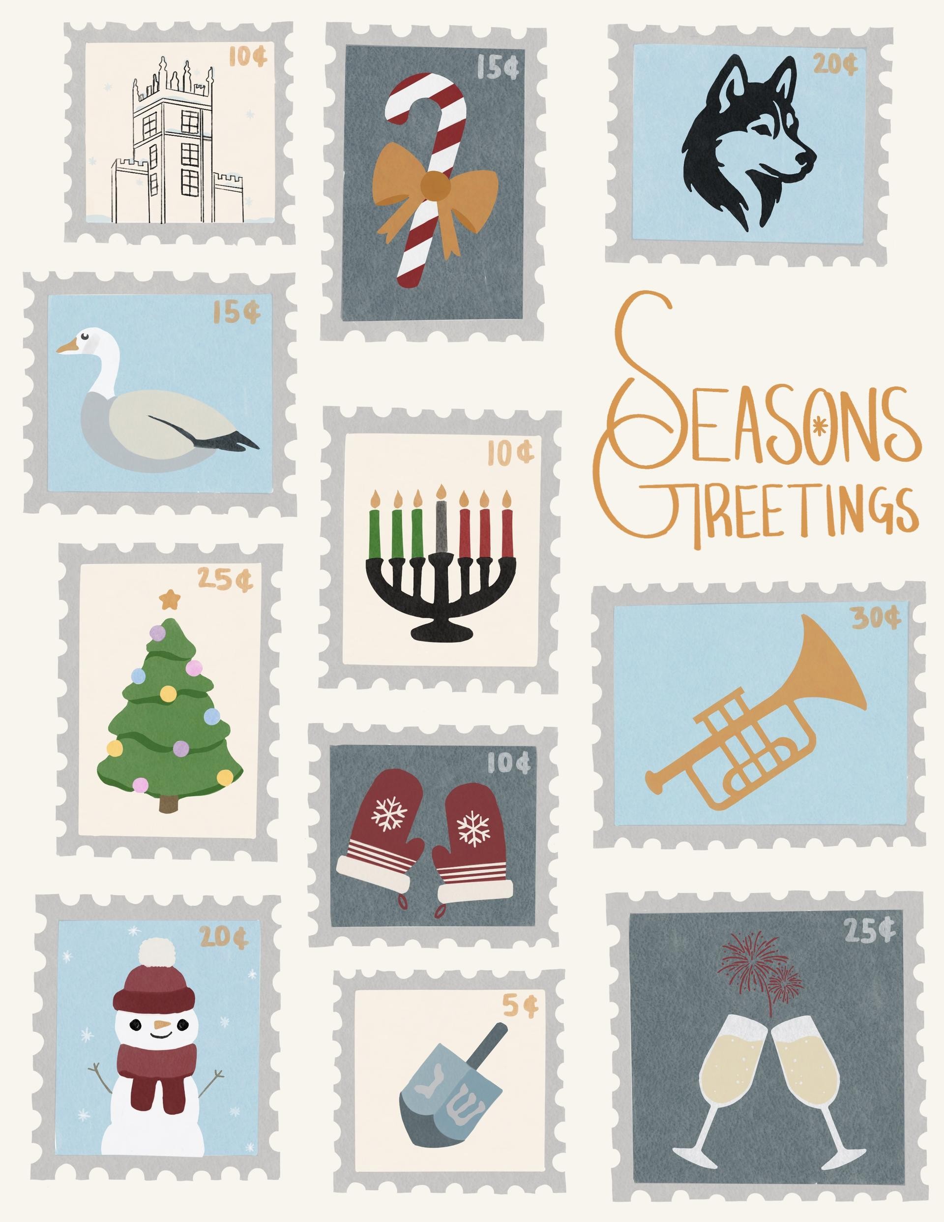 Illustrated grid of holiday-themed postage stamps featuring campus architecture, a candy cane, husky head, goose, menorah, Christmas tree, mittens, trumpet, snowman, dreidel, clinking glasses, and the words “Season’s Greetings.