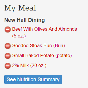 Meal nutrition information found on MyDining